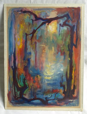 Buy Klaas Pijlman - Gouache , Bomen, Zon en Water – 1960? Bid from 1!