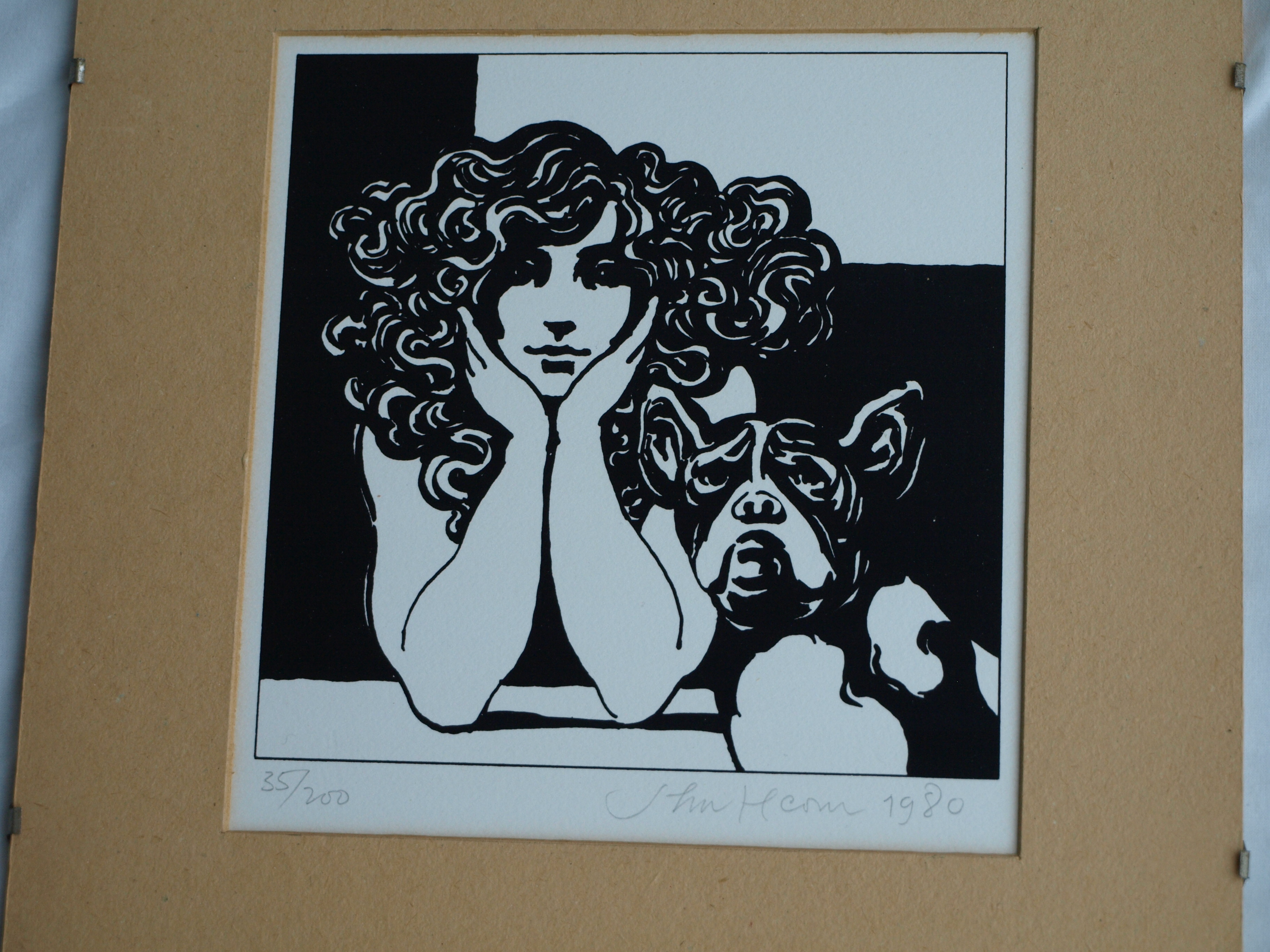 Niet of onleesbaar gesigneerd - Onduidelijke signatuur - Zeefdruk , Vrouw met hond - 1980 kopen? Bied vanaf 1!