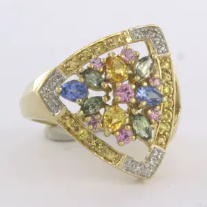 14k gouden ring met verschillende kleuren saffier en single cut diamant 0.03ct kopen? Bied vanaf 290!