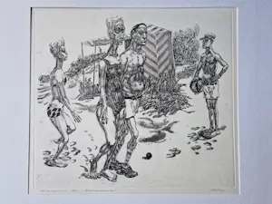 Hans van Helden - grote karikaturale Ets/aquatint "strandgenoegens" - zeer kleine oplage (10) kopen? Bied vanaf 34!