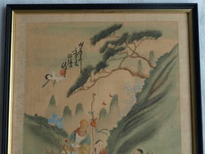 Niet of onleesbaar gesigneerd - Ingelijste gouache op zijde, Japan? China? , Figuren in berglandschap kopen? Bied vanaf 1!