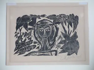 Charles Eyck - Portret in vegetatie - Linosnede kopen? Bied vanaf 75!