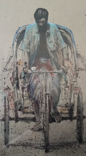 Niet of onleesbaar gesigneerd - origineel, sfeervol beeld van fietsende man, kleurrijk weergegeven kopen? Bied vanaf 1!