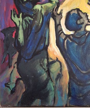 Klaas Pijlman - Olieverf op board, "figuren in het vuur die hogere macht aanbidden" kopen? Bied vanaf 1!