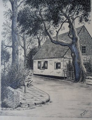 Jan pannekeet - Tekening van een weg met bomen en een woning. kopen? Bied vanaf 10!