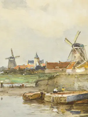 Willem Rip - Molens aan de oude Maas - Ingelijst kopen? Bied vanaf 1600!