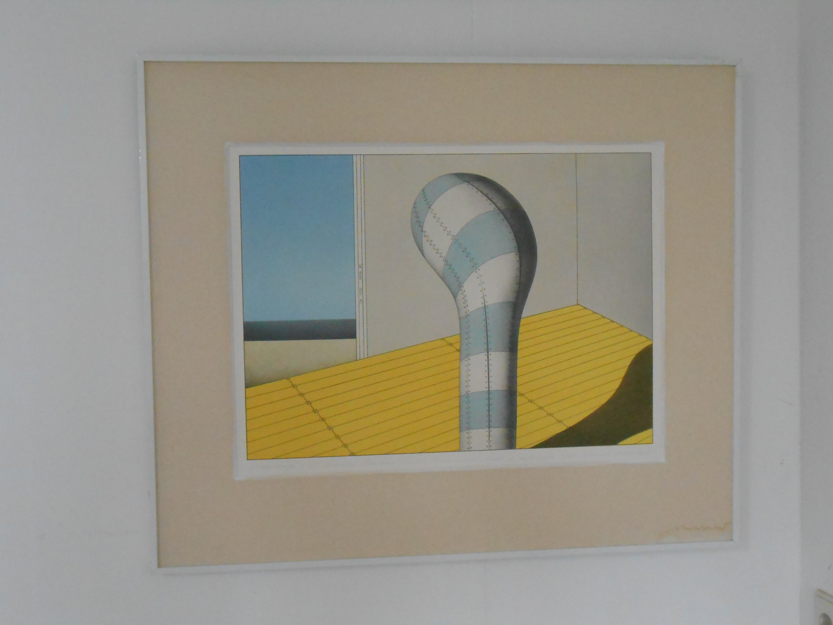 Marinus Fuit - ( Hommage a de Chirico) blauw-wit object in interieur. verkocht voor € 35!