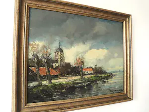 Hendrik Cornelis Kranenburg - Olieverf - Kerksdorp aan het water kopen? Bied vanaf 110!