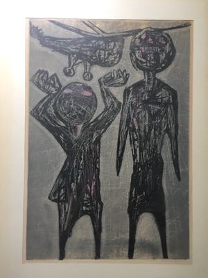 Ru van Rossem - Two figures watching helicopter - Houtsnede, Ingelijst kopen? Bied vanaf 99!