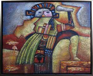 Bill Long - Olieverf op kokosvezel, INCA - Ingelijst verkocht voor € 30!