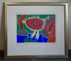 Corneille - Zeefdruk - Femme et oiso rouge - Ingelijst kopen? Bied vanaf 195!