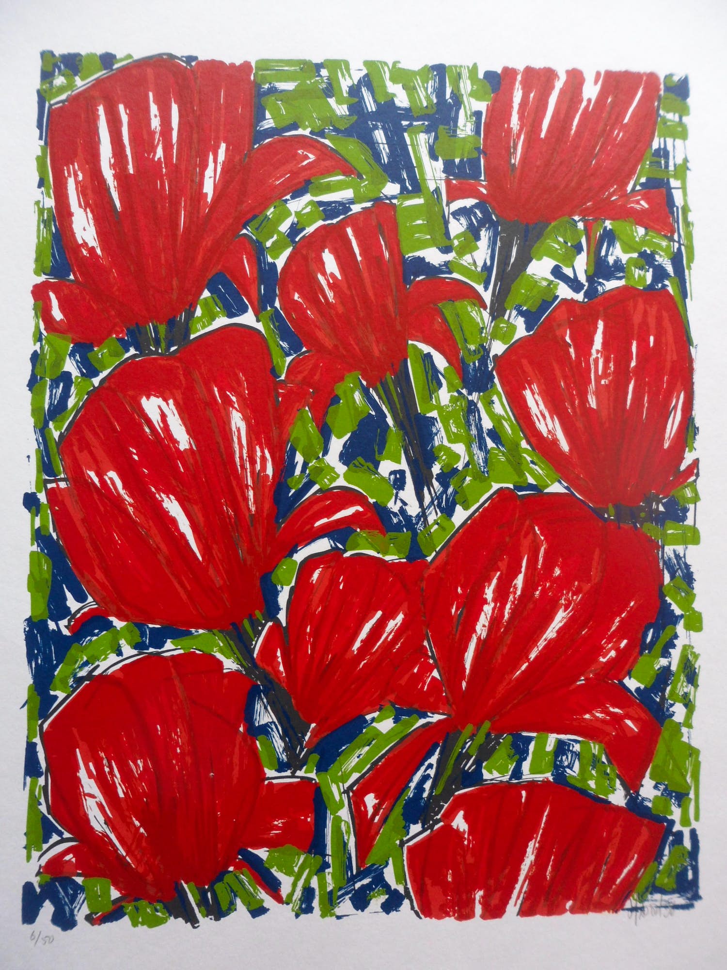 Ad van Hassel - Zeefdruk. Rode tulpen. kopen? Bied vanaf 25!