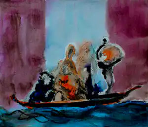 Luis Filcer - Ingelijste olieverf op papier - Ship of fools verkocht voor € 175!