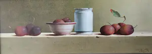 Leo Pors - Stilleven met Reine Victoria pruimen, schaaltje en zalfpotje kopen? Bied vanaf 1695!