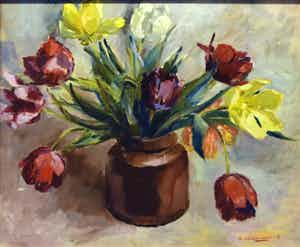 Henk van Leeuwen - Stilleven met tulpen - olieverf op hardboard verkocht voor € 100!