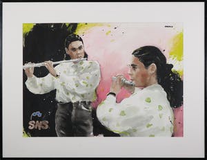 Wil van der Laan - Gemengde techniek op papier, Meisje op dwarsfluit - Ingelijst kopen? Bied vanaf 150!