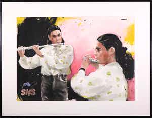 Wil van der Laan - Gemengde techniek op papier, Meisje op dwarsfluit - Ingelijst verkocht voor € 150!