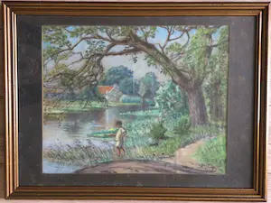 Niet of onleesbaar gesigneerd - Vissende jongen | fraaie krijttekening (1948) - ingelijst kopen? Bied vanaf 1!