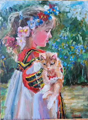 Vladimir Goussev - Portret van een meisje met een kitten kopen? Bied vanaf 400!