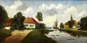 Niet of onleesbaar gesigneerd - "Zicht op dorp aan vaart met boerderijen, kerk en zeilschip" - olieverf opdoek kopen? Bied vanaf 10!