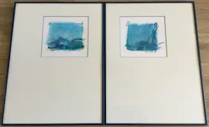 Annemiki Bok - tweeluik van blauw abstracte werkjes | fraai ingelijst kopen? Bied vanaf 49!