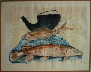 Nicola Rozemeijer - Acrylverf op papier , Vissen op ijs – GROOT - ingelijst - 1997 kopen? Bied vanaf 1!