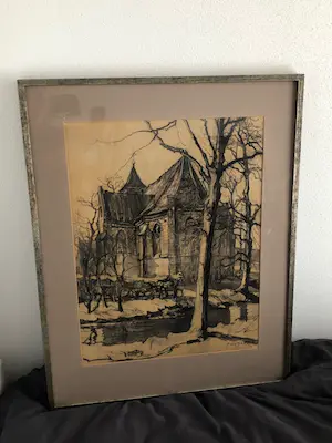 AcheterAdri Pieck - grote ingelijste tekening van kerk (te Amersfoort?)? Enchérissez de 200!
