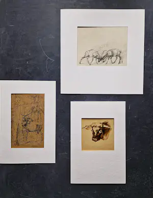 A. van der Brugghen - 19e eeuwse Aquarel (stiertje) en 2 tekeningen (vechtende)Herten - monogram kopen? Bied vanaf 68!