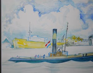 Karel van Seben - Mokum - Sleepboot in de haven van Amsterdam - Mooi ingelijste aquarel kopen? Bied vanaf 45!