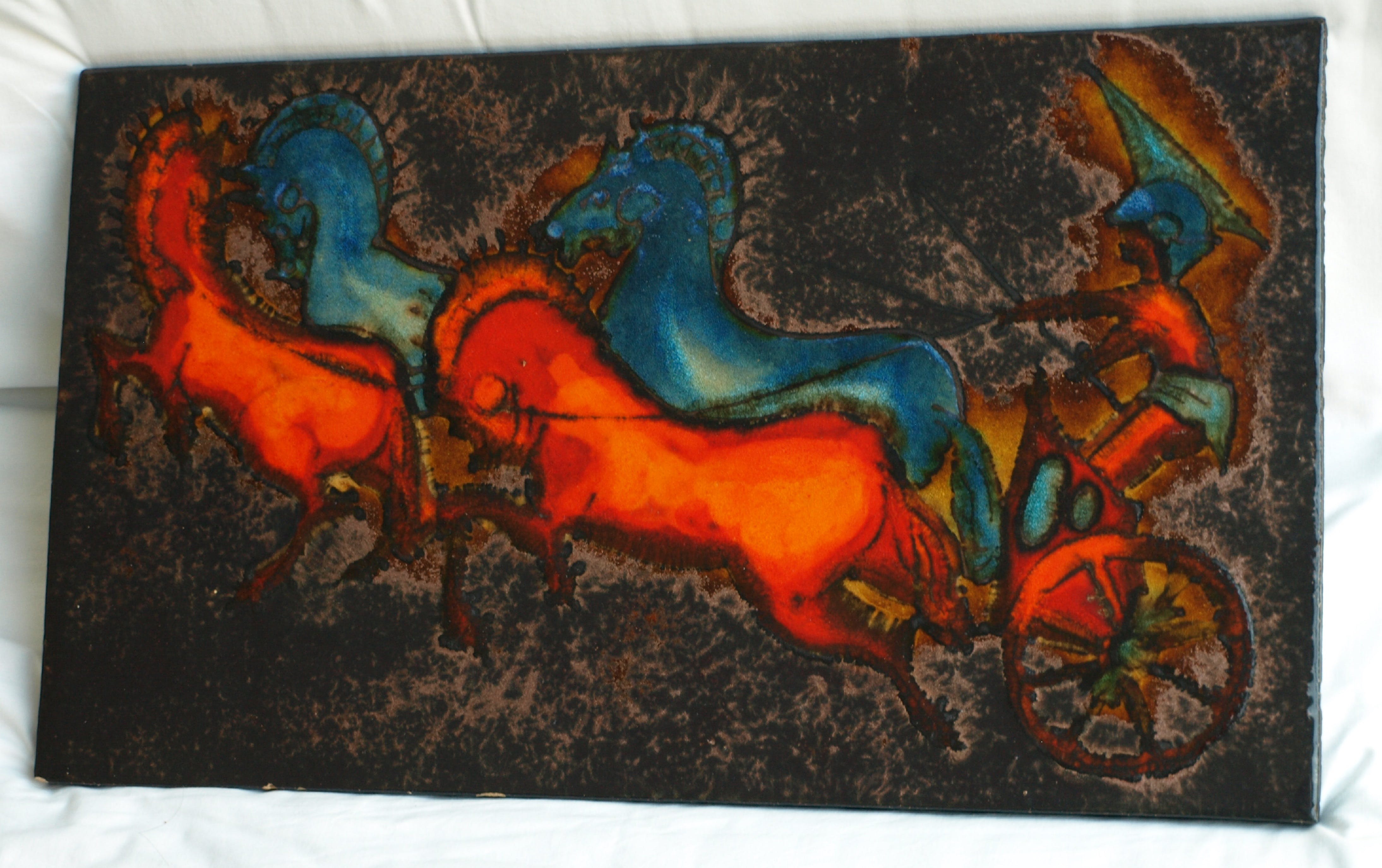 Ruscha - Keramiek, wandtegel – Paarden - gesigneerd 34,5 x 58,5 cm - ca 1970 kopen? Bied vanaf 1!