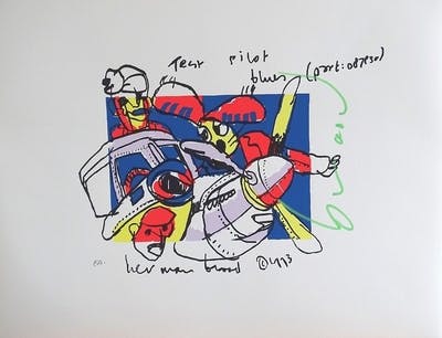 Herman Brood - Kleurenzeefdruk TEST PILOT-BLUES Handgesigneerd verkocht voor € 135!