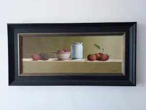 Leo Pors - Stilleven met Reine Victoria pruimen, schaaltje en zalfpotje kopen? Bied vanaf 1695!