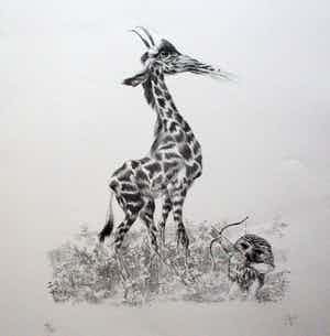 Peter Vos - litho: De ontdekking van de giraffe - 1969 verkocht voor € 150!