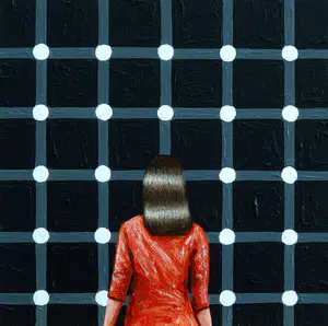 AcheterGerard Boersma - Black Dots (Vrouw kijkend naar op art schilderij)? Enchérissez de 75!