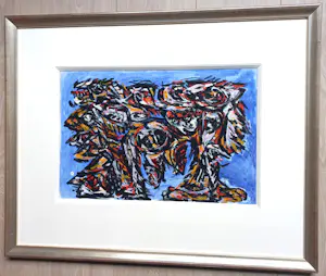 Theo Wolvecamp - Compositie met figuren, gemengde techniek (zeer mooi ingelijst, unica!) kopen? Bied vanaf 2495!