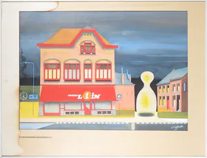 Adrian de Gijzel - Gouache, Axel's pand roodgekleurd, Zeeuws Vlaanderen - Ingelijst kopen? Bied vanaf 1!