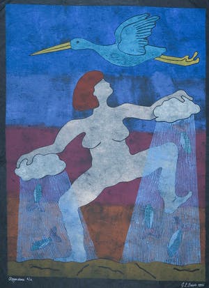 Geertje Briels - Houtdruk op geschept papier, Regendans kopen? Bied vanaf 1!