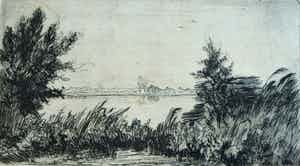 Piet Kraus - Ets , Gezicht op de Biesbosch – gesigneerd & ingelijst – 1944 verkocht voor € 1!