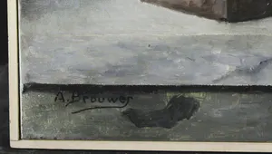 A. Brouwer - Olieverf op doek, Stilleven met schilderij en aardewerk - Ingelijst kopen? Bied vanaf 1!