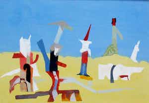 Henri Plaat - Gemengde techniek: Abstracte figuren op het strand - 1983 verkocht voor € 125!