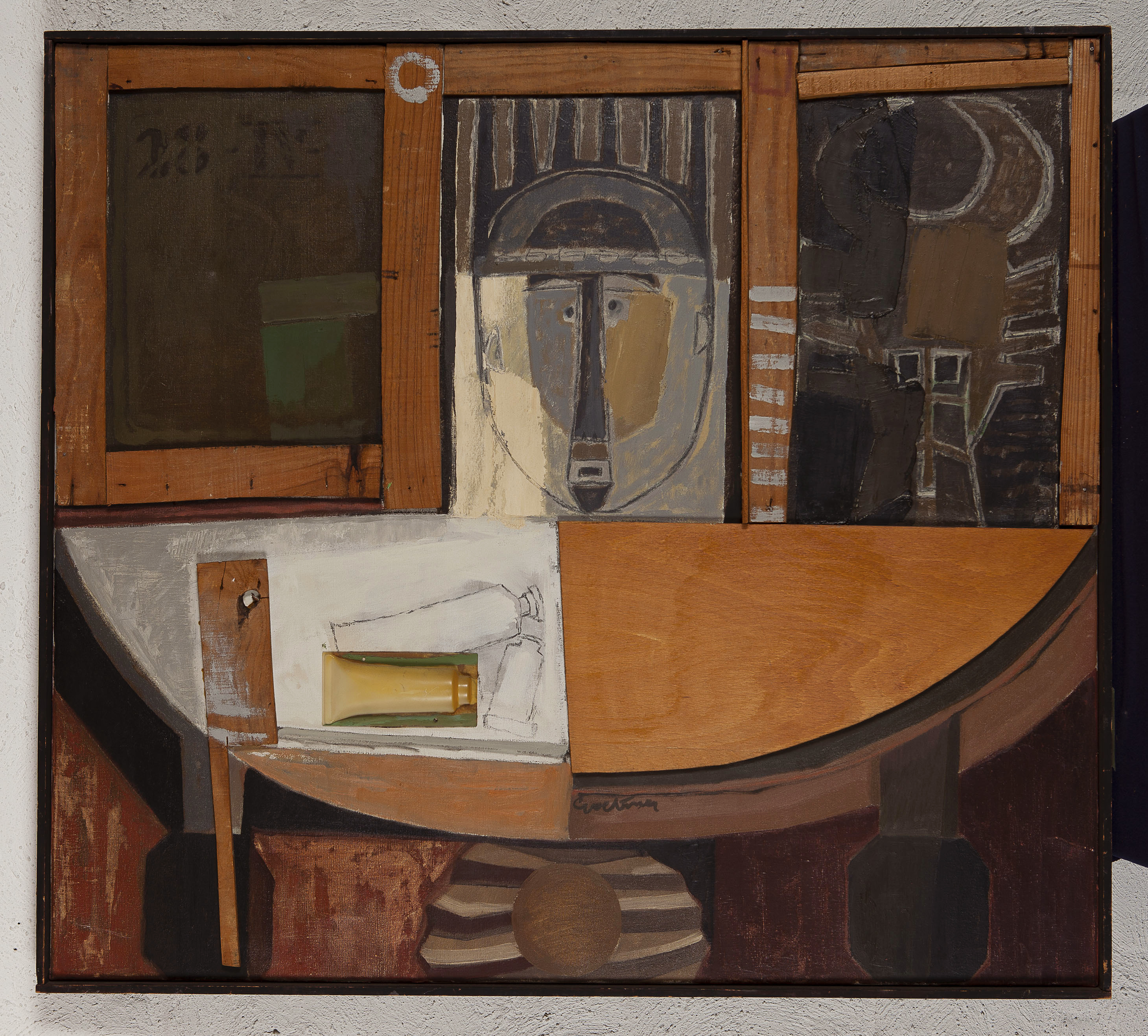 Jan Goeting - Atelier compositie II - Olieverf, hout, plastic mal op doek - BKR Den Haag -1975 kopen? Bied vanaf 15!