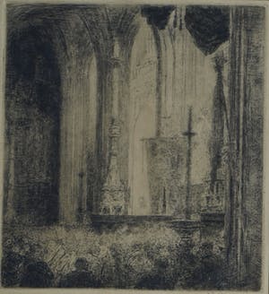 Walter Vaes - Ets , “Kerkinterieur”, Veere, Zeeland? – gesigneerd & ingelijst – ca 1915 kopen? Bied vanaf 10!