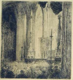 Walter Vaes - Ets , “Kerkinterieur”, Veere, Zeeland? – gesigneerd & ingelijst – ca 1915 verkocht voor € 10!