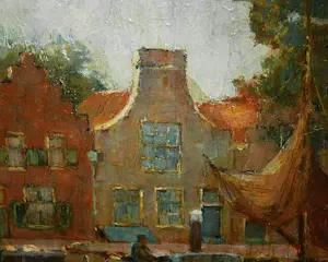 Arend van de Pol - afgemeerd zeilschip - olieverfschilderij 1935 kopen? Bied vanaf 175!