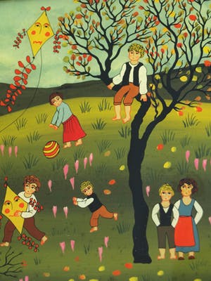 Renate Koblinger-Drobar - Achterglasschildering , De Vlieger – gesigneerd & ingelijst – ca 1980 kopen? Bied vanaf 40!