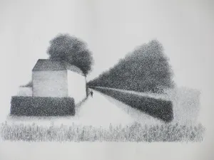 Metten Koornstra - Figuur langs bomenrij bij woning - Litho kopen? Bied vanaf 40!