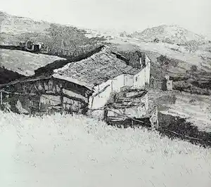 Reinder Homan - Boerderij in heuvelachtig landschap, ets vendu pour 70€ !