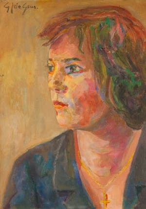 Gerrit Jan de Geus - Meisje met kruisje - 1965 - olieverf op hardboard kopen? Bied vanaf 20!