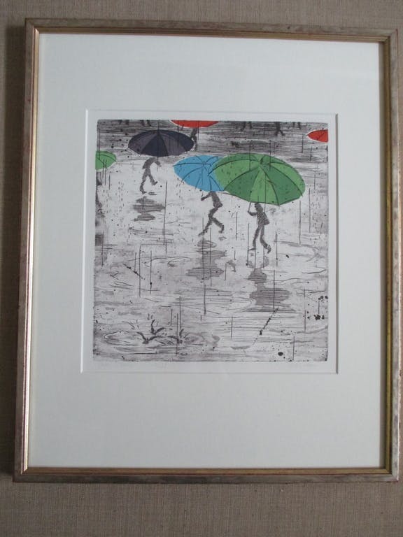 Joke Struik - ingelijste kleurenets, "Hoi, regen!" kopen? Bied vanaf 45!