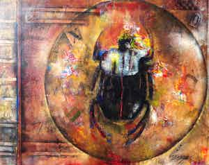 Astrid Engels - Scarabee met hiërogliefen, olieverf op doek (zeer groot) verkocht voor € 750!